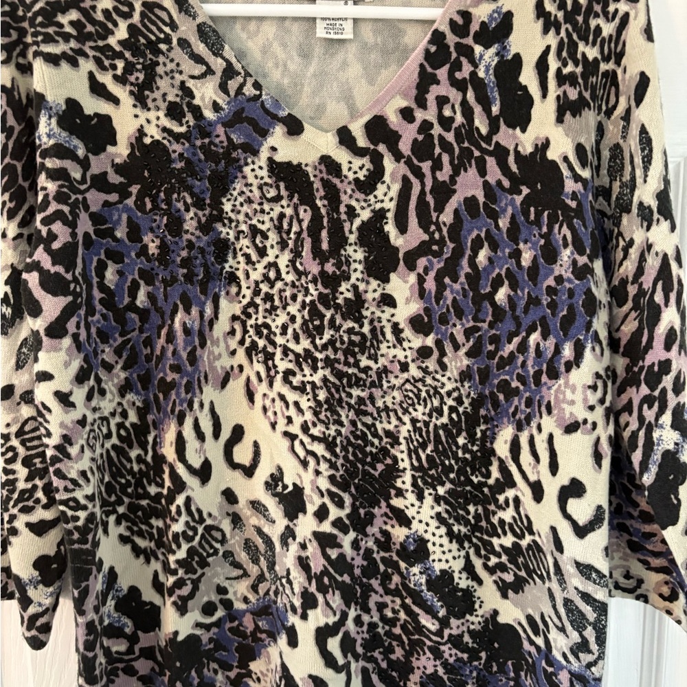 Animal Print Top Y2K Grunge Leopard Neutral Soft Knit Long Sleeve Large - Picture 3 of 7